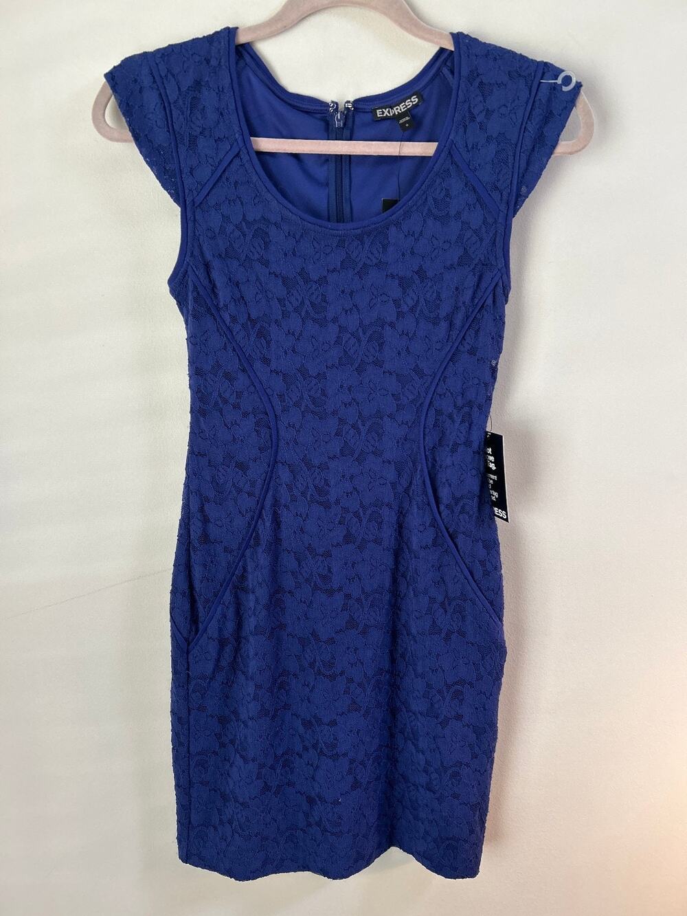 Express Blue Floral Lace Sheath Dress Cap Sleeve Back Zip Women's Size 0 NWT